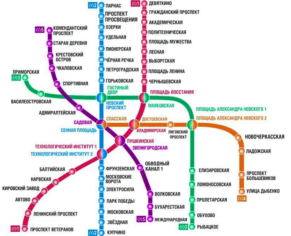 Карта линий и станций метро в Санкт-Петербурге